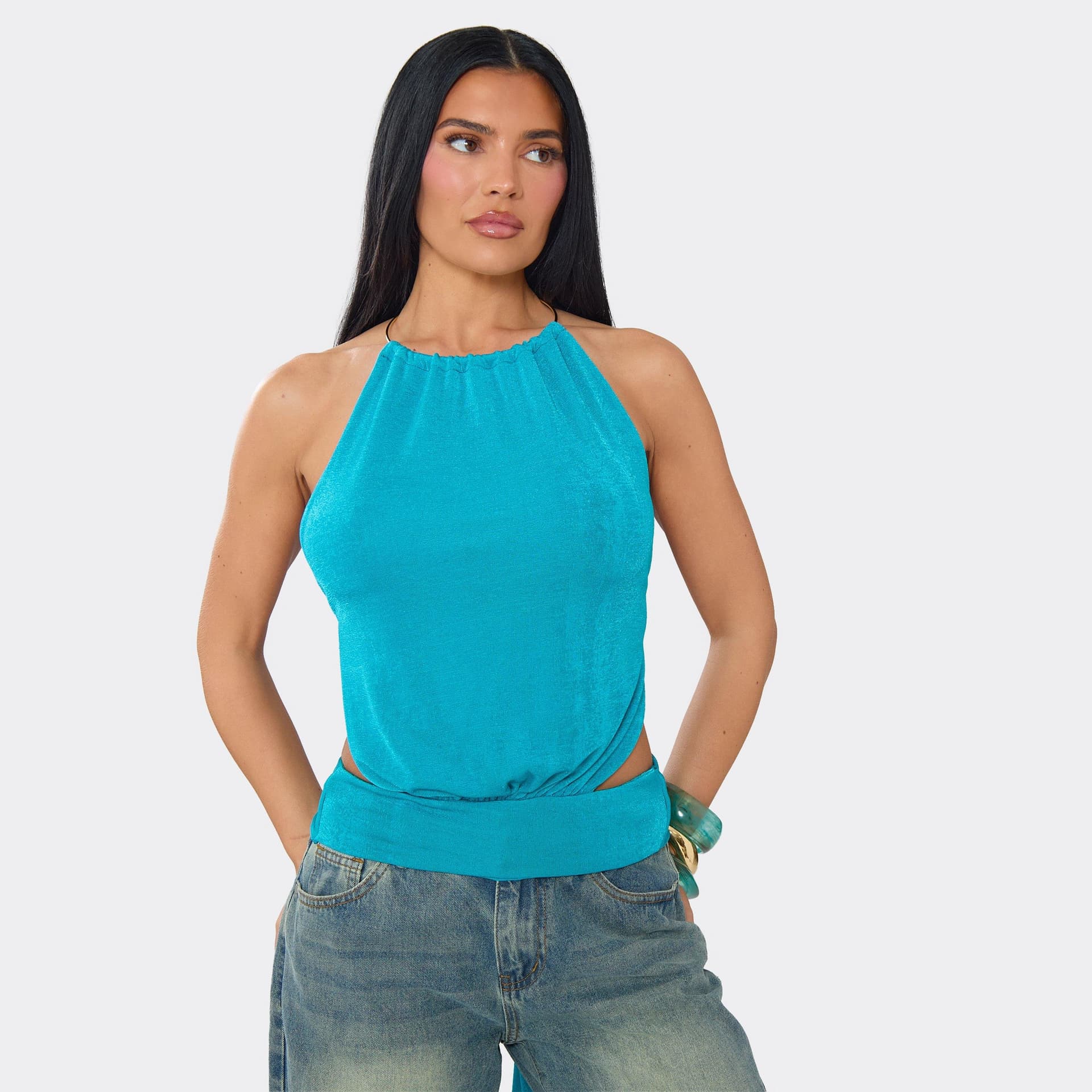 EGO Metal Ring Halterneck Tie Back Blouson Top In Blue, Women's Size UK 6