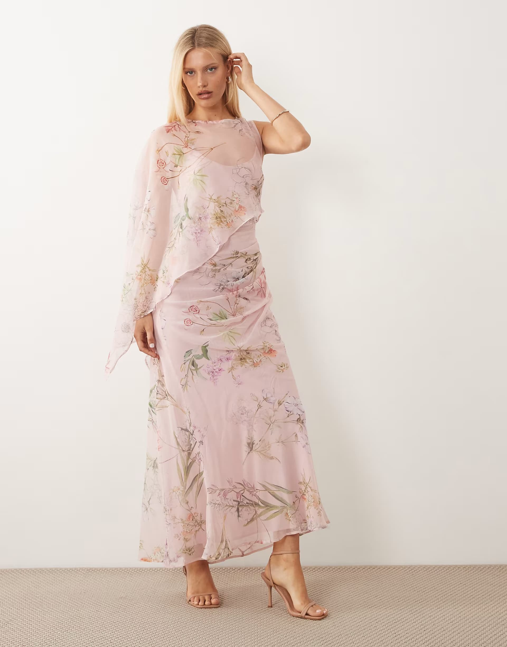 ASOS ASOS DESIGN draped batwing asymmetric one sleeve maxi dress in pink floral