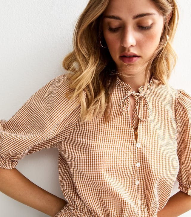 New Look Women's Brown Gingham Crinkled Tie Neck Top New Look - 2