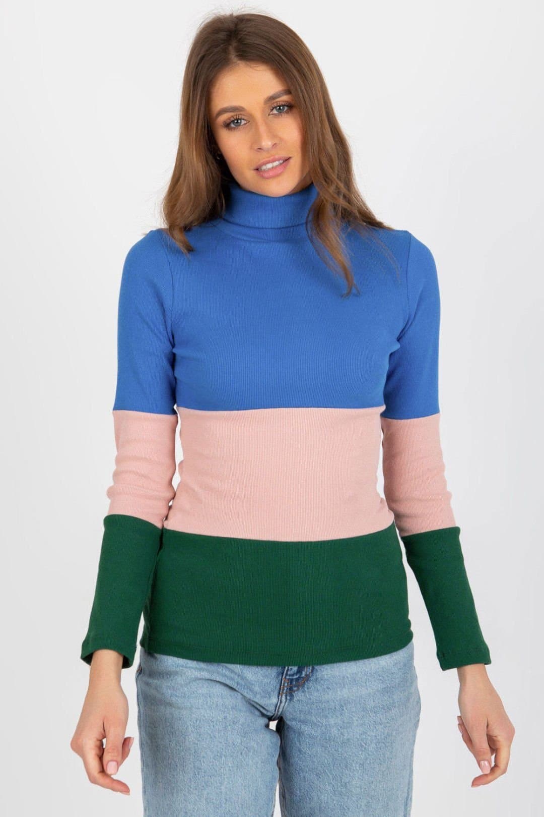 Love Lace Love Lace Women's Ribbed Turtleneck Long Sleeve Sweater 3 Tone in Blue