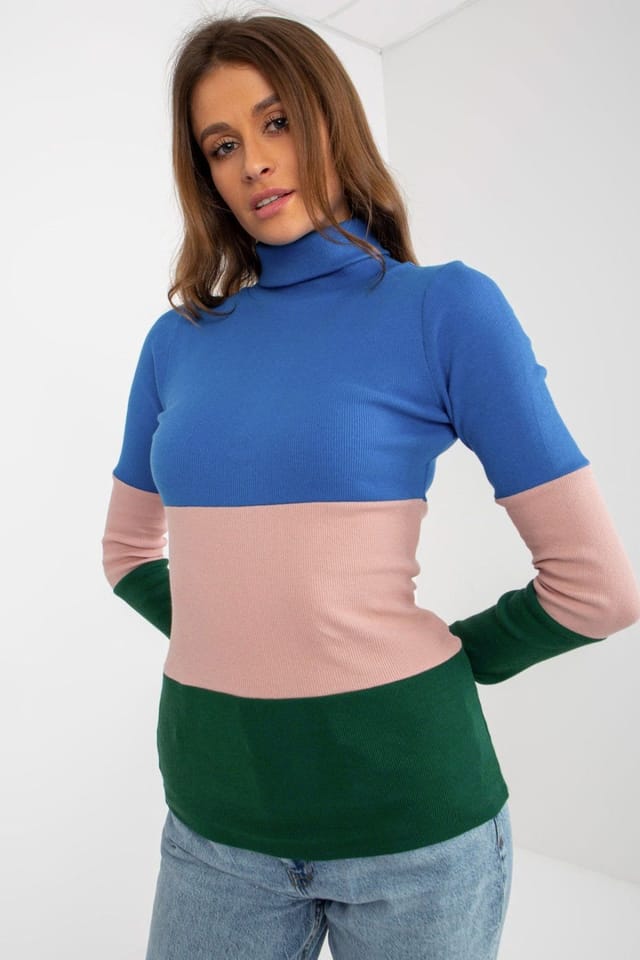 Love Lace Love Lace Women's Ribbed Turtleneck Long Sleeve Sweater 3 Tone in Blue - 2