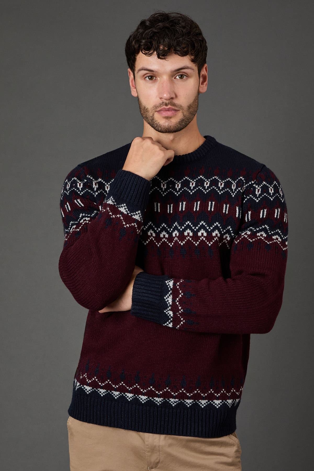 Maine Maine Men's Burgundy Chunky Fairisle Pattern Christmas Jumper