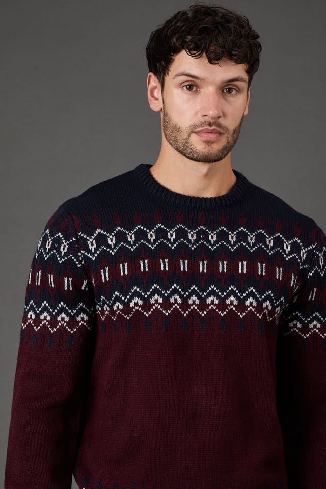 Maine Maine Men's Burgundy Chunky Fairisle Pattern Christmas Jumper - 2