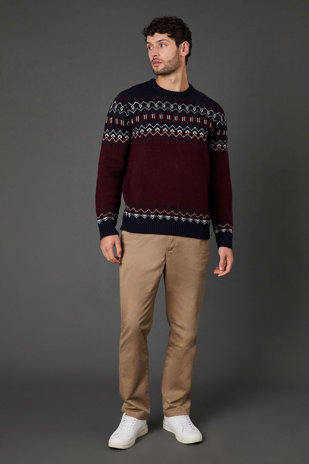Maine Maine Men's Burgundy Chunky Fairisle Pattern Christmas Jumper - 3