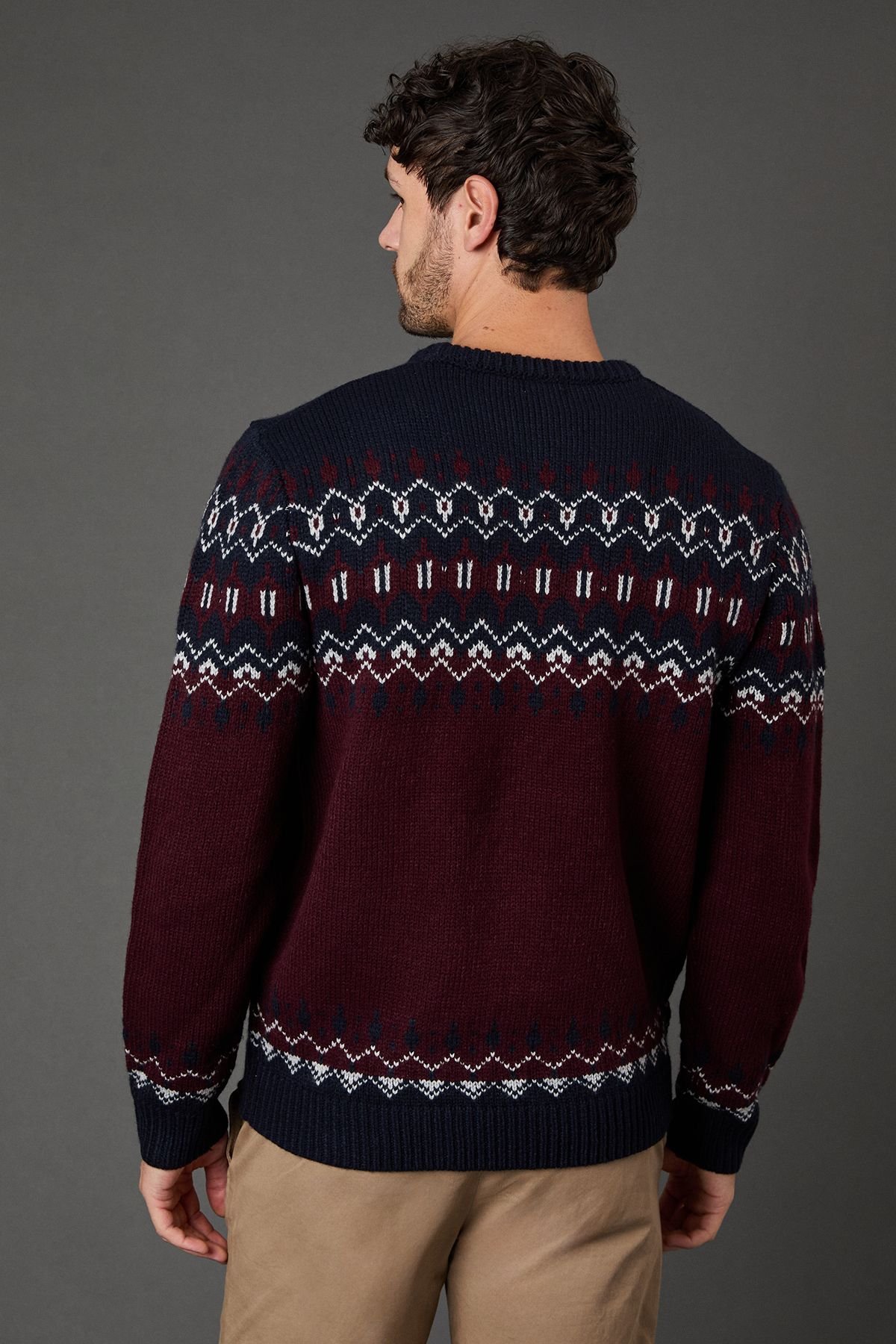 Maine Maine Men's Burgundy Chunky Fairisle Pattern Christmas Jumper - 4