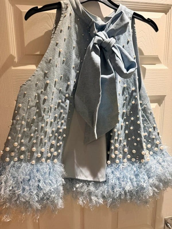 ASOS ASOS luxe pearl denim feather top - 1