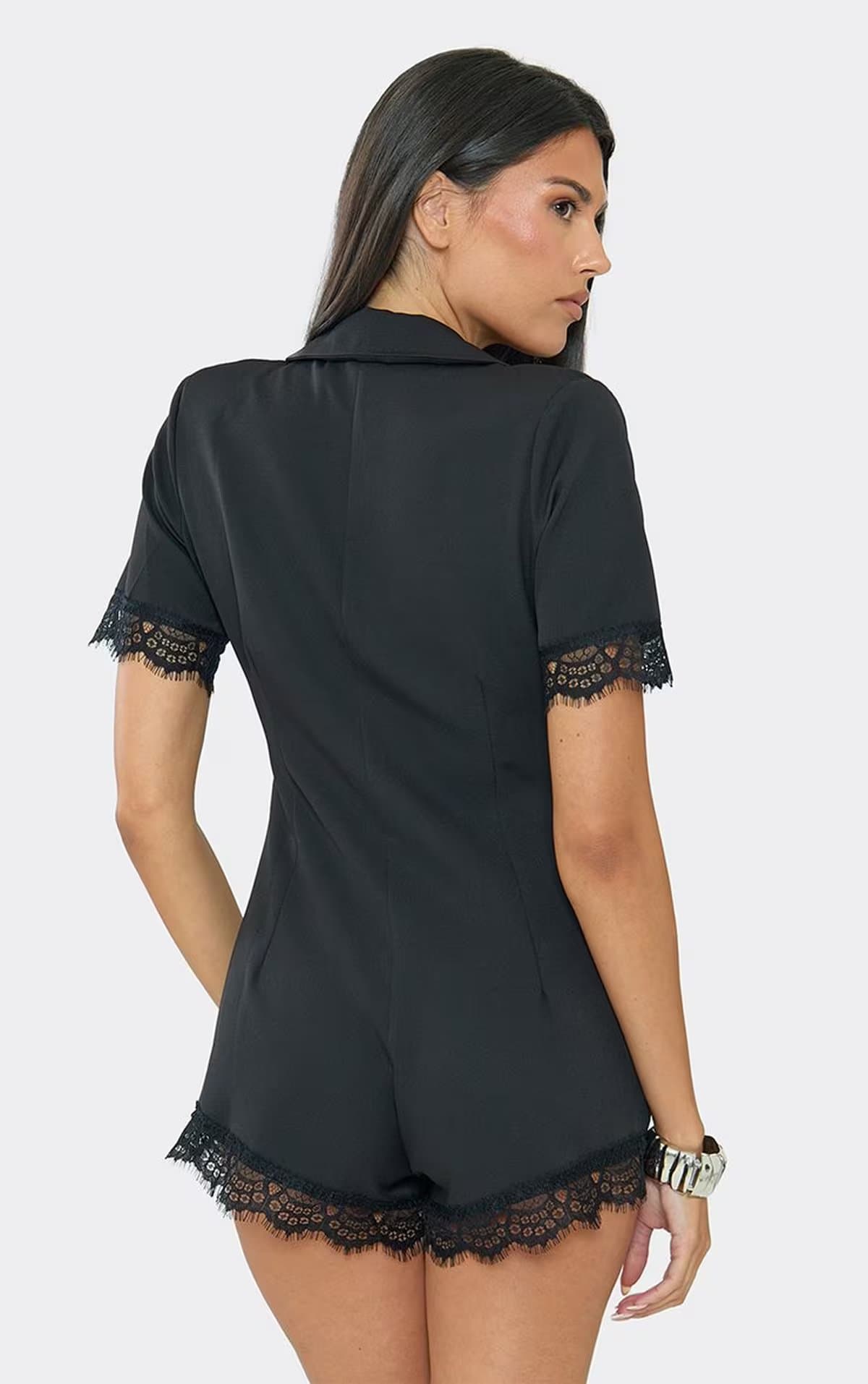 EGO Short Sleeve Plunge Neck Lace Trim Tailored Playsuit In Black, Women's Size UK 6