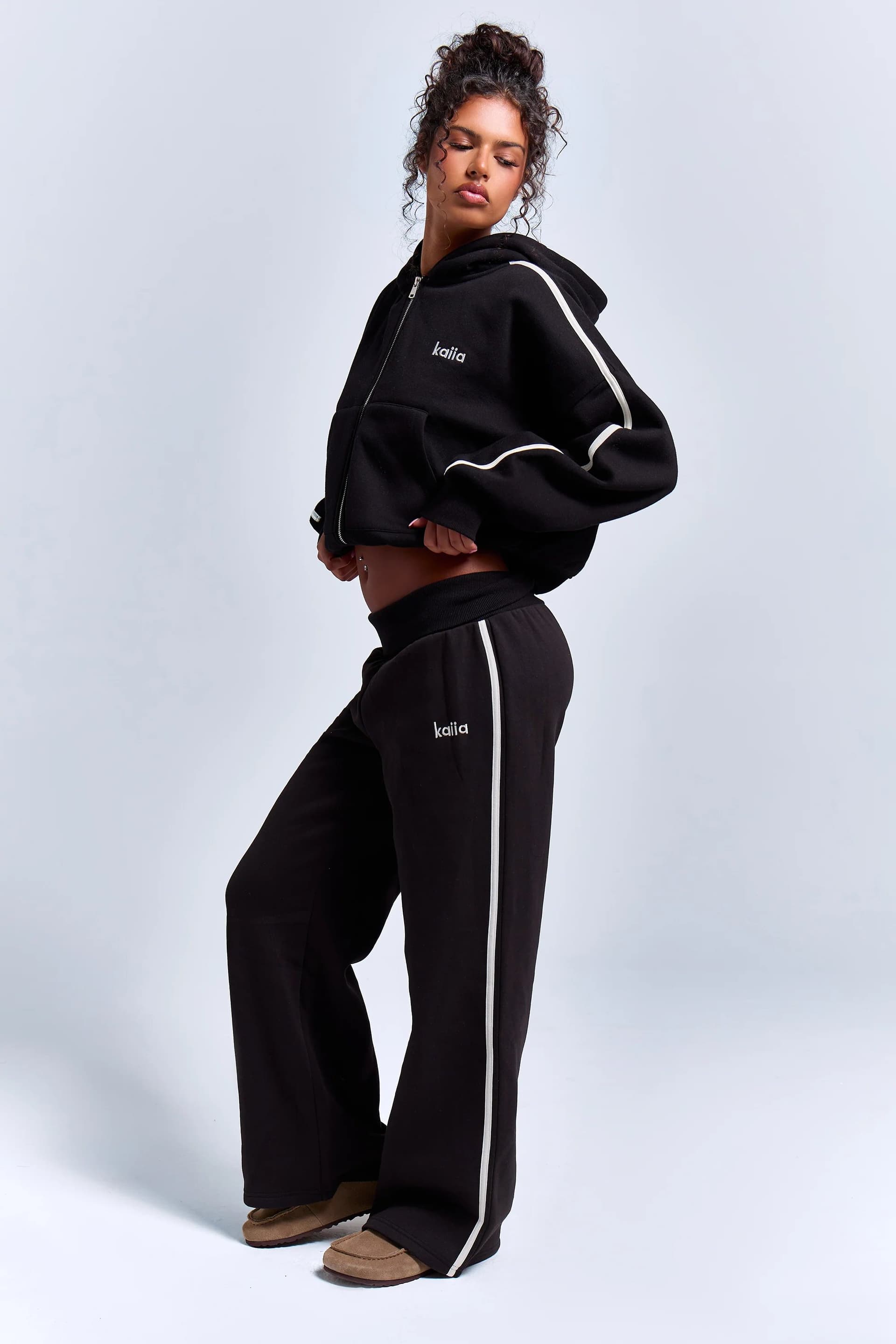 Kaiia Kaiia Striped Foldover Wide Leg Joggers Black & White