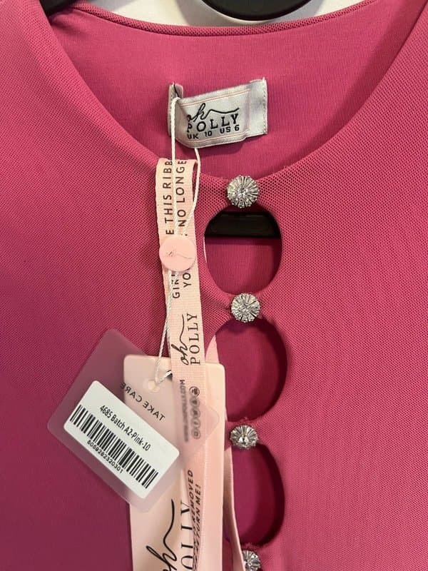 Oh Polly Oh Polly Pink Ruched Mini Dress BNWT 10 Crystal Cut Out Long Sleeve Bodycon Party Summer Holiday