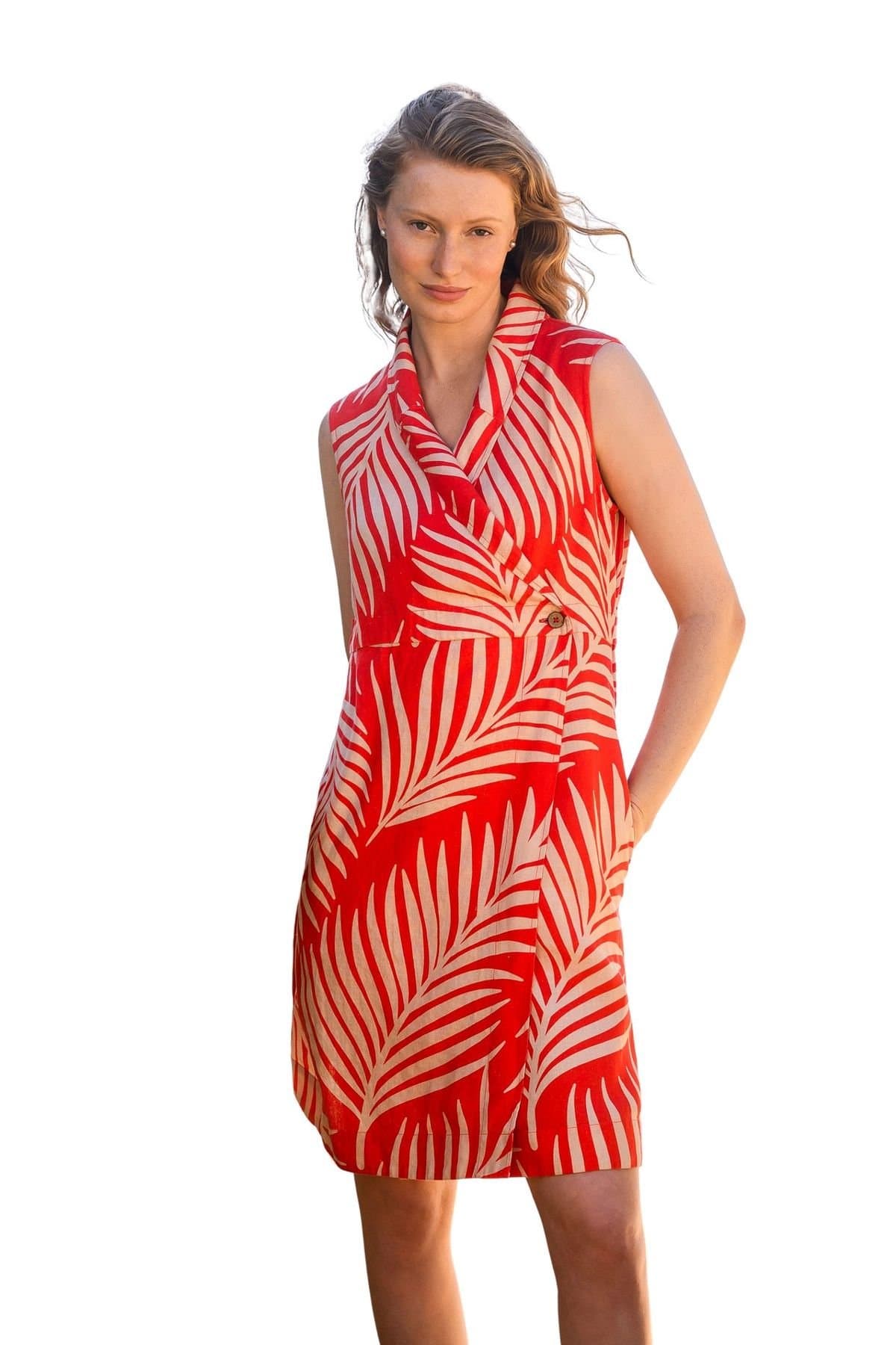 Celtic & Co Celtic & Co Women's Linen Sleeveless Printed Wrap Dress in Coral
