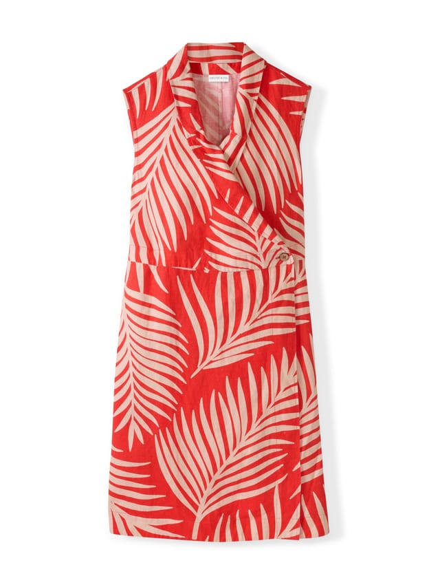 Celtic & Co Celtic & Co Women's Linen Sleeveless Printed Wrap Dress in Coral - 2