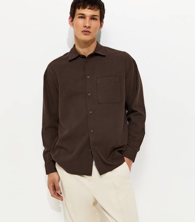 New Look Men's Dark Brown Oversized Linen Look Shirt New Look - 2
