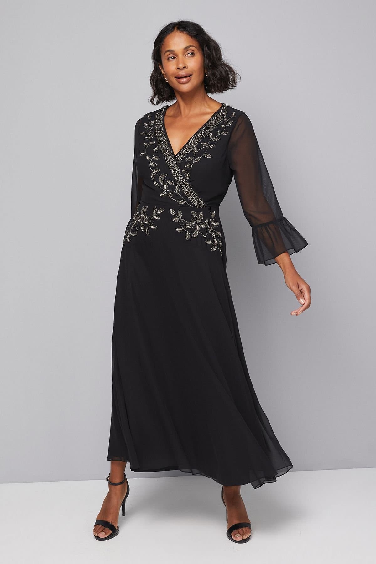 Wallis Wallis Women's Embellished Wrap Flute Sleeve Midi Dress in Black