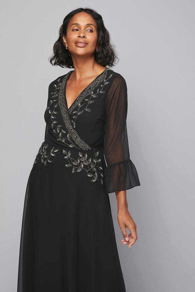 Wallis Wallis Women's Embellished Wrap Flute Sleeve Midi Dress in Black - 2
