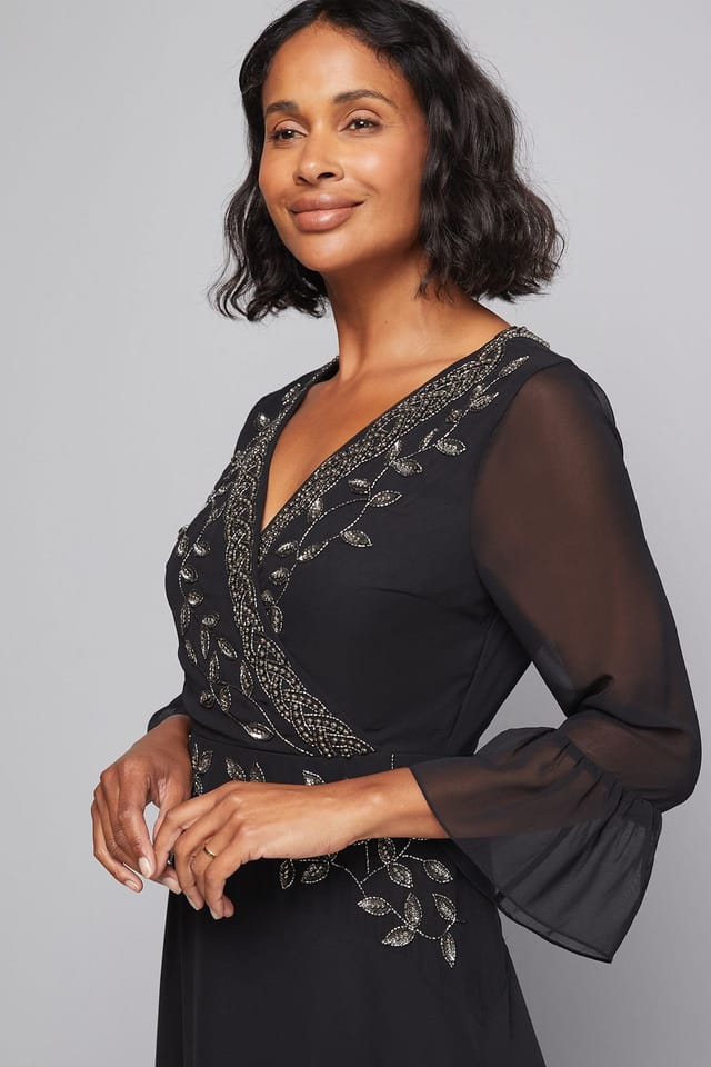 Wallis Wallis Women's Embellished Wrap Flute Sleeve Midi Dress in Black - 3