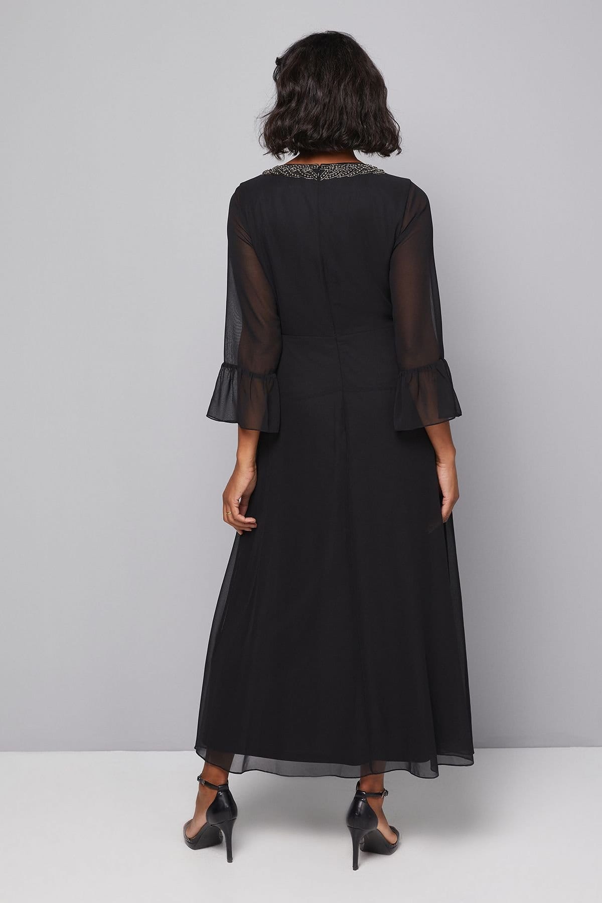 Wallis Wallis Women's Embellished Wrap Flute Sleeve Midi Dress in Black - 4