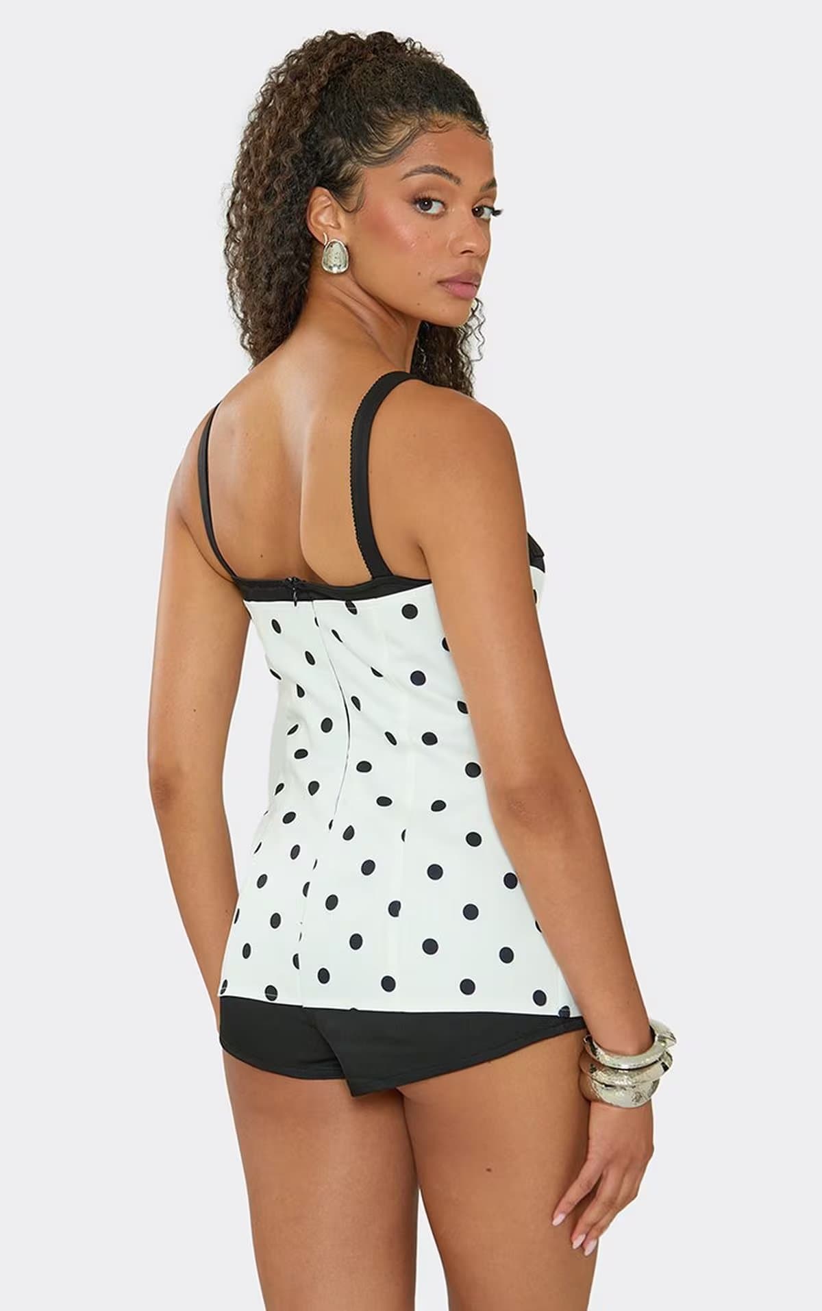 EGO Strappy Contrast Corset Micro Playsuit In White Polka Dot., Women's Size UK 6