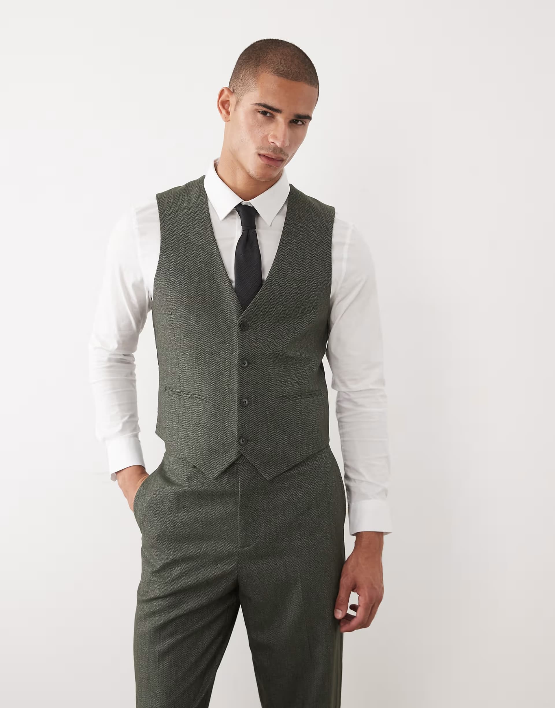 ASOS ASOS DESIGN slim suit waistcoat in dark green herringbone