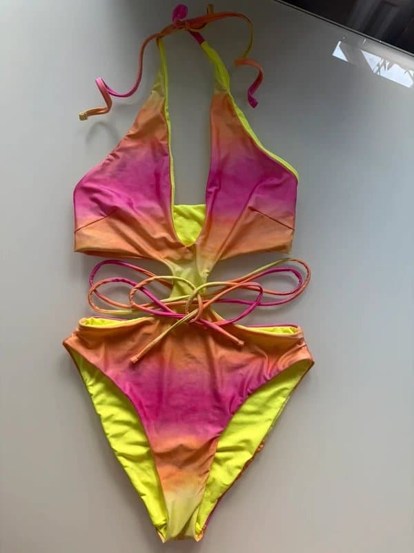 ASOS NEW 10 UK bright neon pink yellow orange cut out crossover swimsuit halter neck fluorescent costume