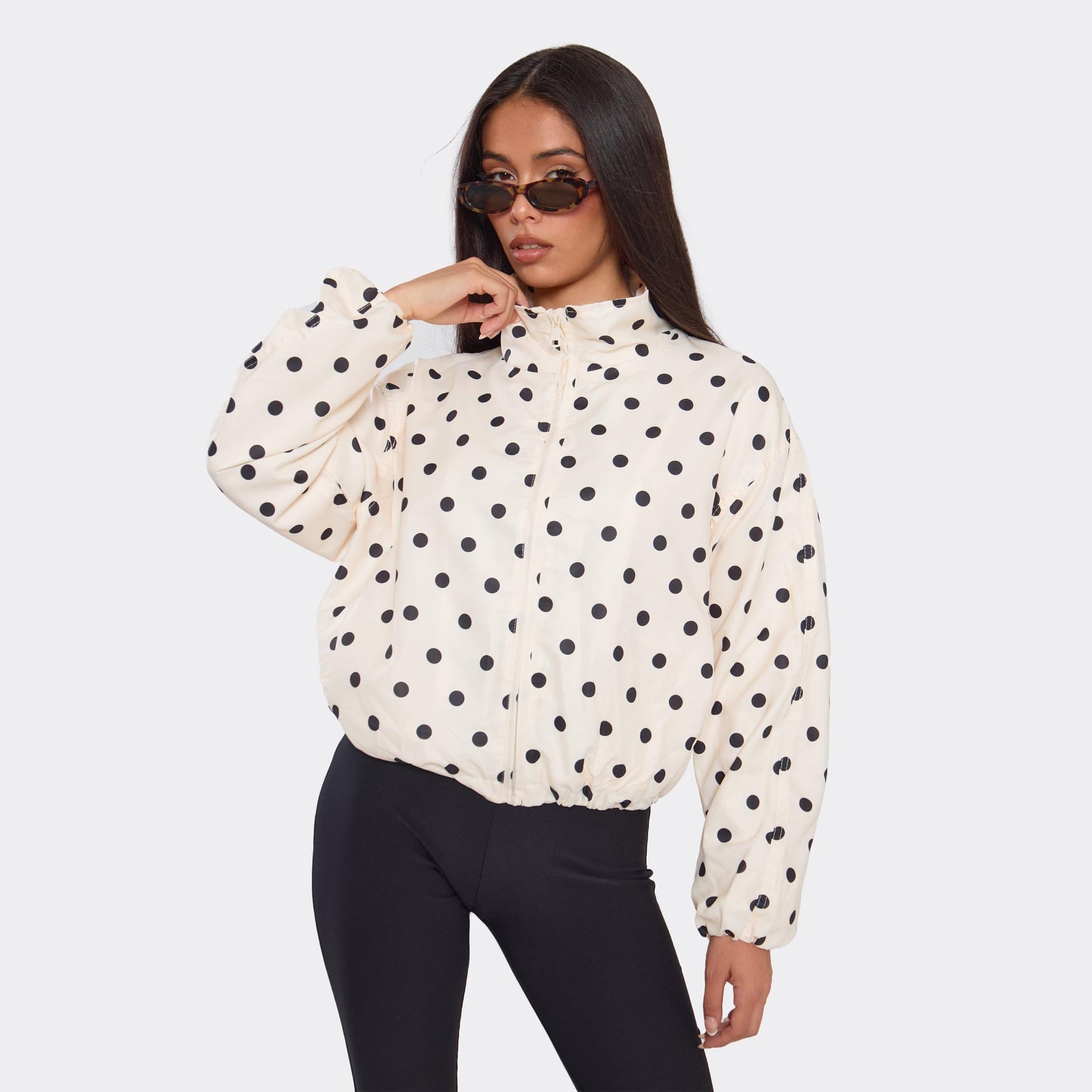 EGO Long Sleeve High Neck Jacket In Cream Polka Dot, Women's Size UK M