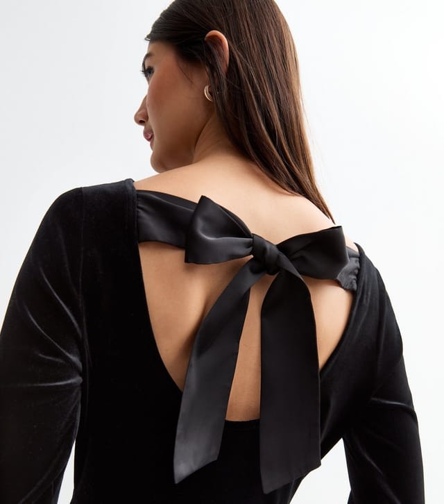 New Look Women's Black Satin Bow Long Sleeve Velvet Mini Dress New Look - 3