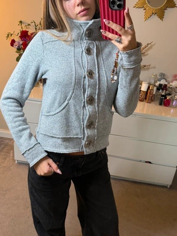 Next Old label next grey button up embroidery high neck fleece cardigan
