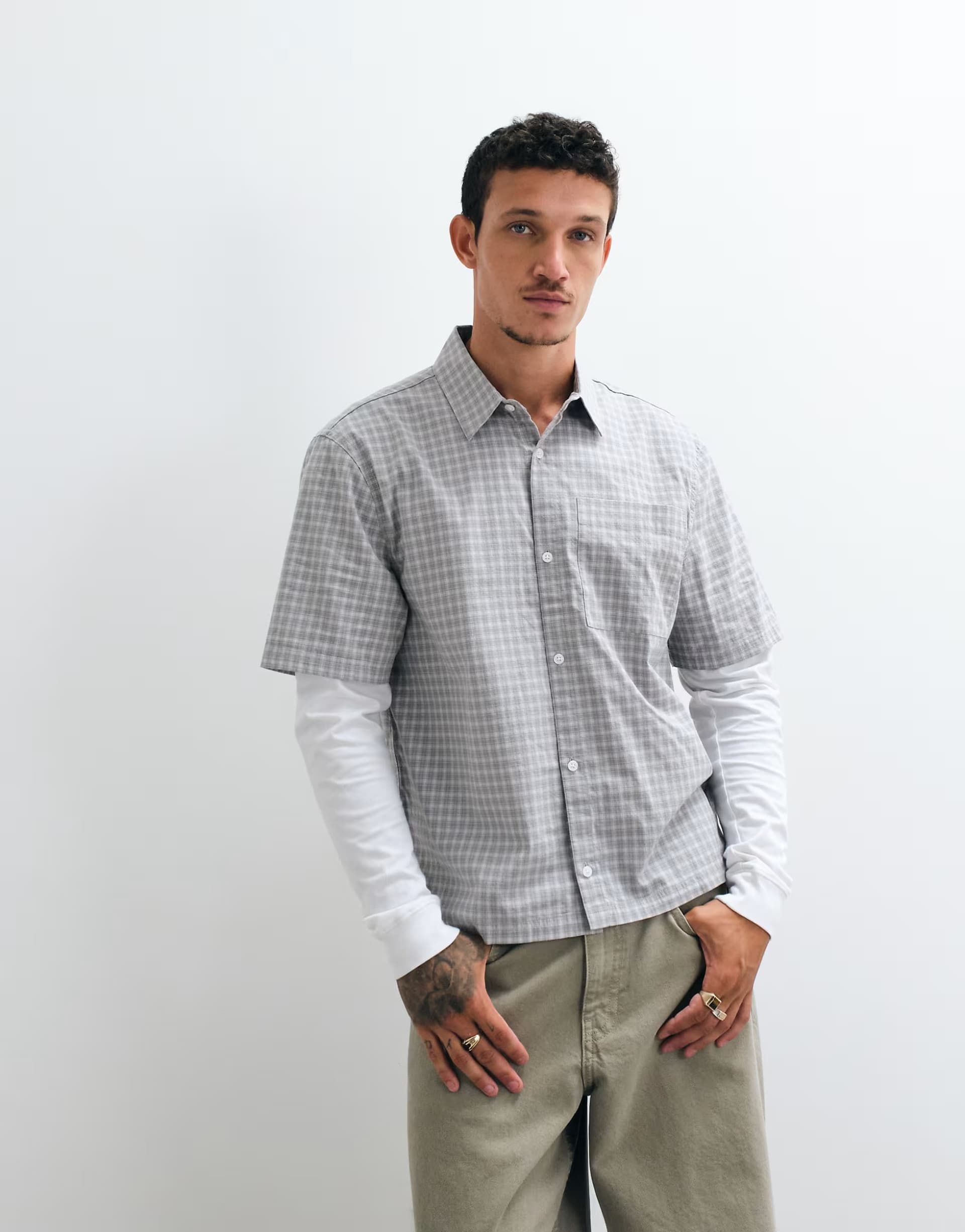 ASOS ASOS Grey Check Boxy Shirt With Long Sleeve Layer