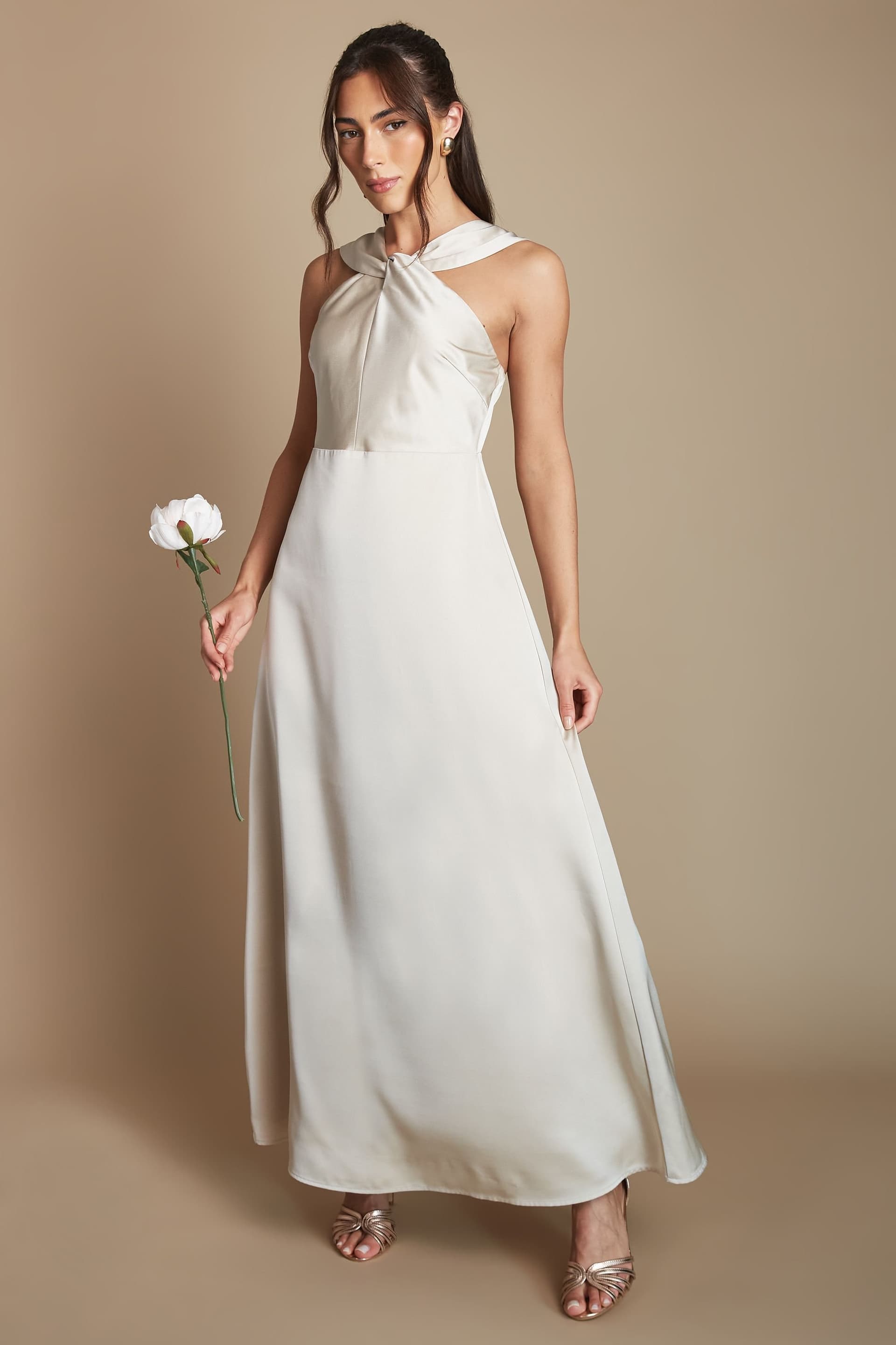 Coast Coast Women's Petite Twisted Halterneck Satin Maxi Bridesmaid Dress in Champagne