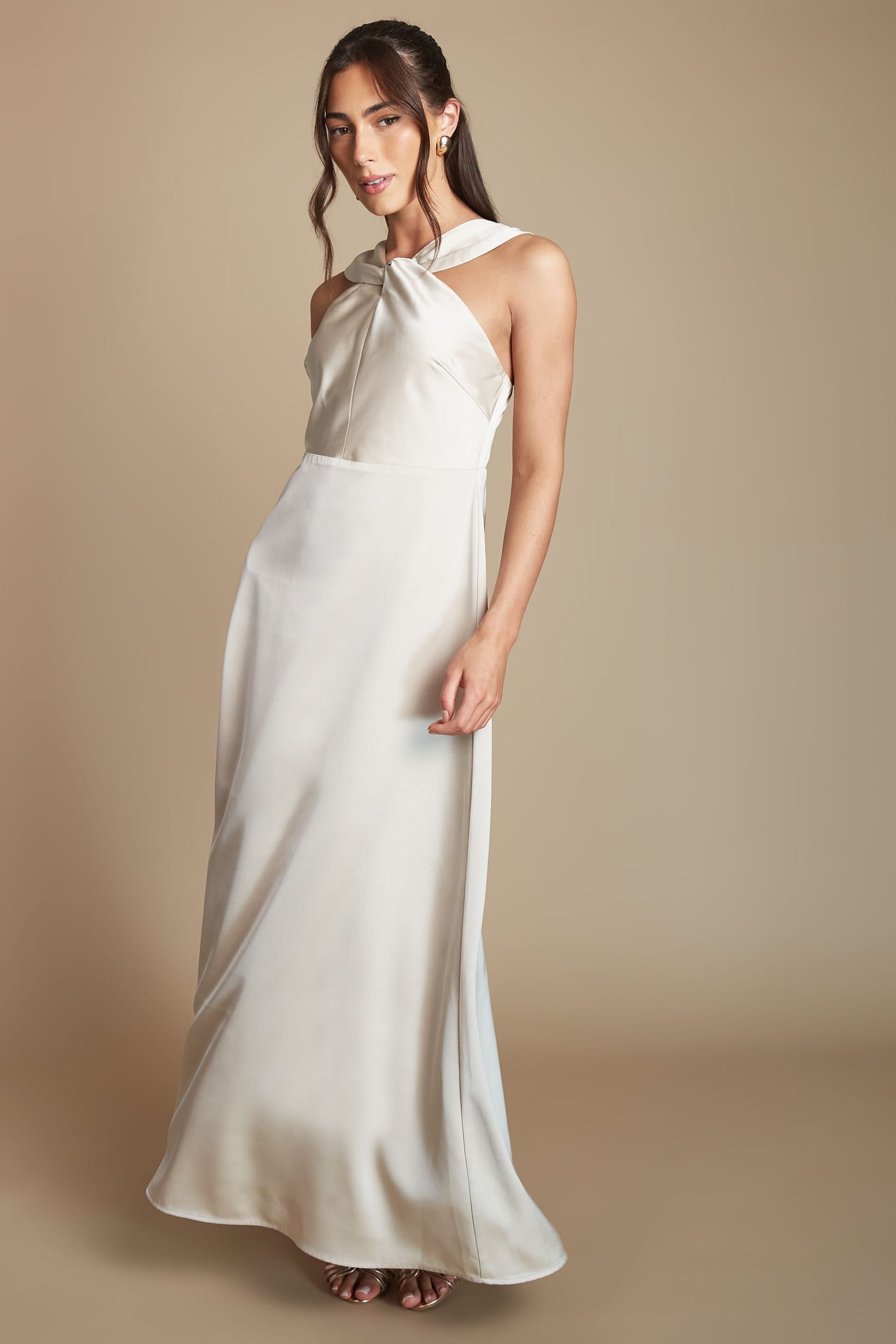 Coast Coast Women's Petite Twisted Halterneck Satin Maxi Bridesmaid Dress in Champagne - 4