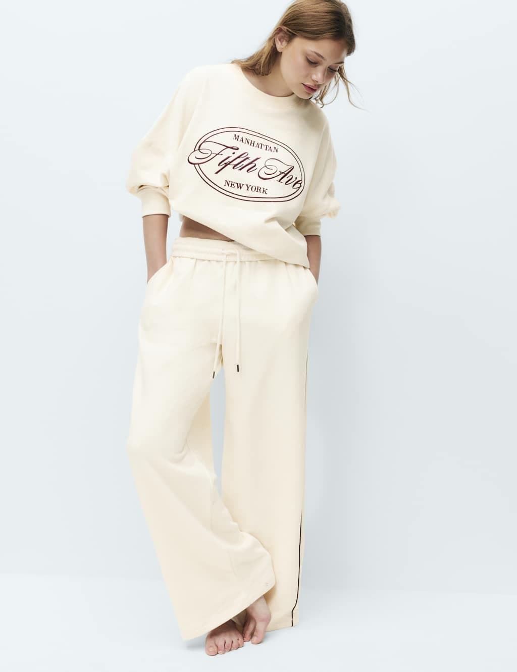 Marks & Spencer M&S Cotton Rich Loopback Wide Leg Joggers Cream