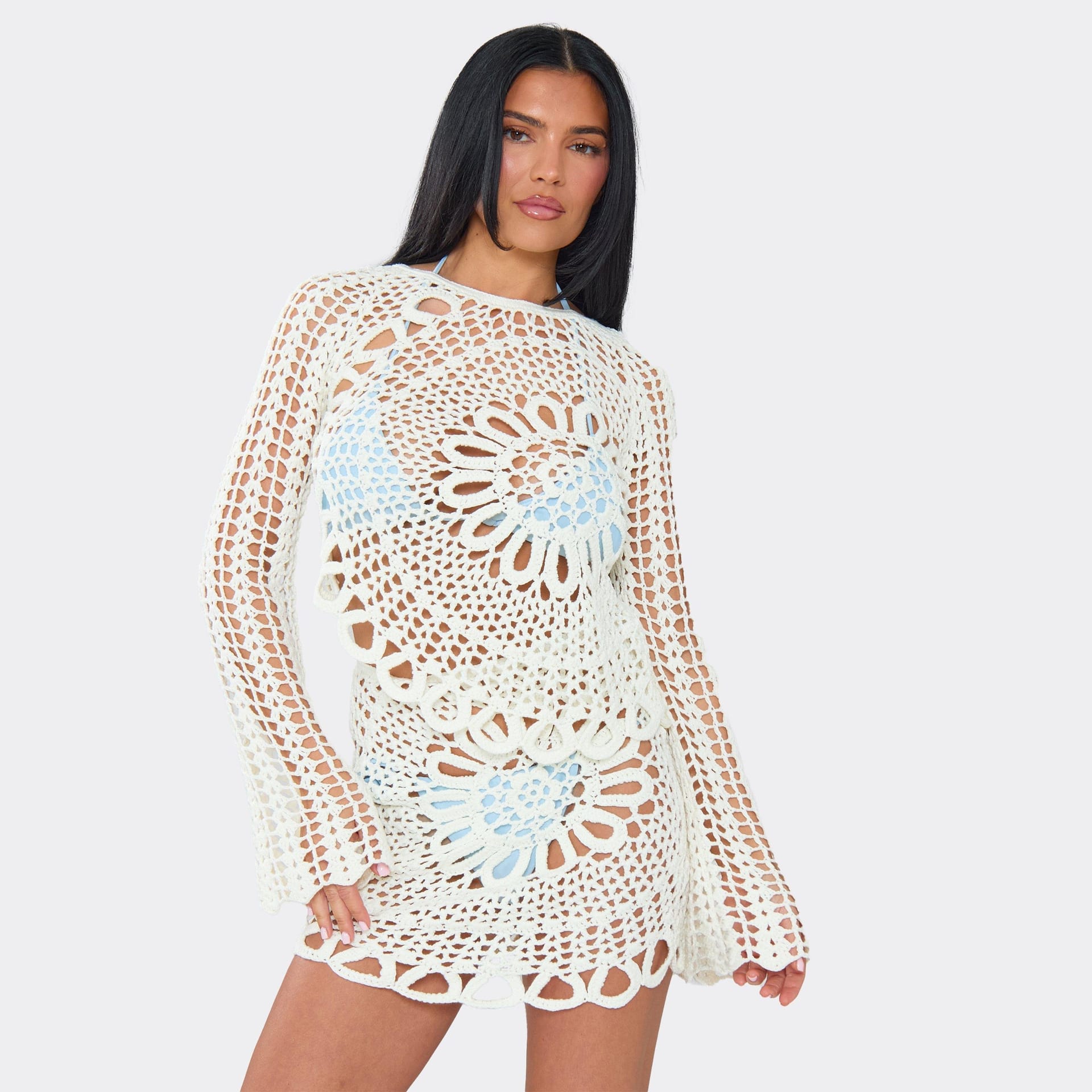 EGO White Crochet Knit Asymmetric Hem Top