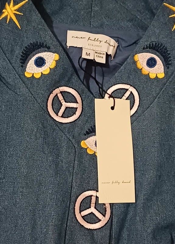 Never Fully Dressed Never Fully Dressed Blue Denim Astrid Bomber Jacket - size M/12