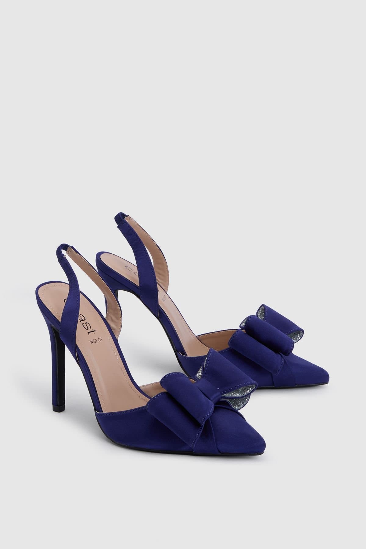 Coast Coast Women's Wide Fit Tamara Satin Bow Sling Back Stiletto Court Shoes in Navy