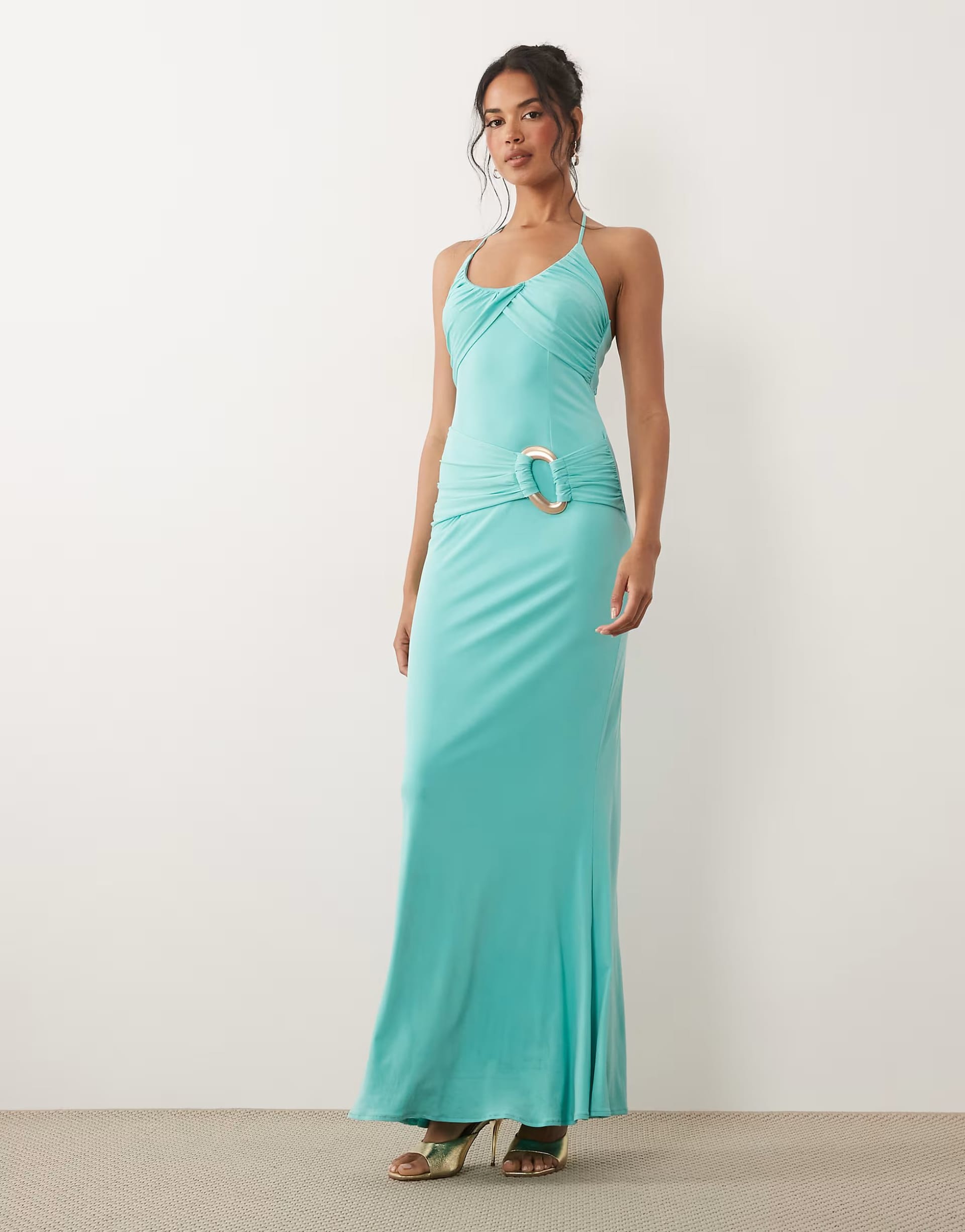 ASOS Aqua Satin Halter Trim Maxi Dress
