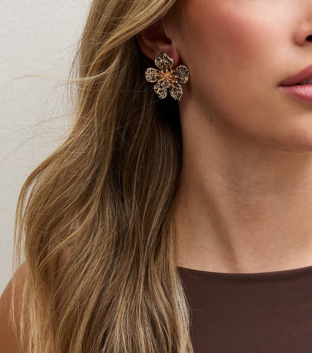 New Look Gold Tone Grey Diamanté Flower Stud Earrings New Look