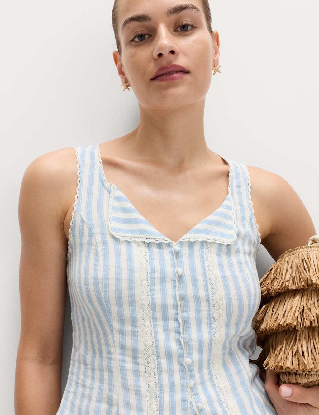 Marks & Spencer M&S Linen Rich Lace Insert Top Blue Mix - 2