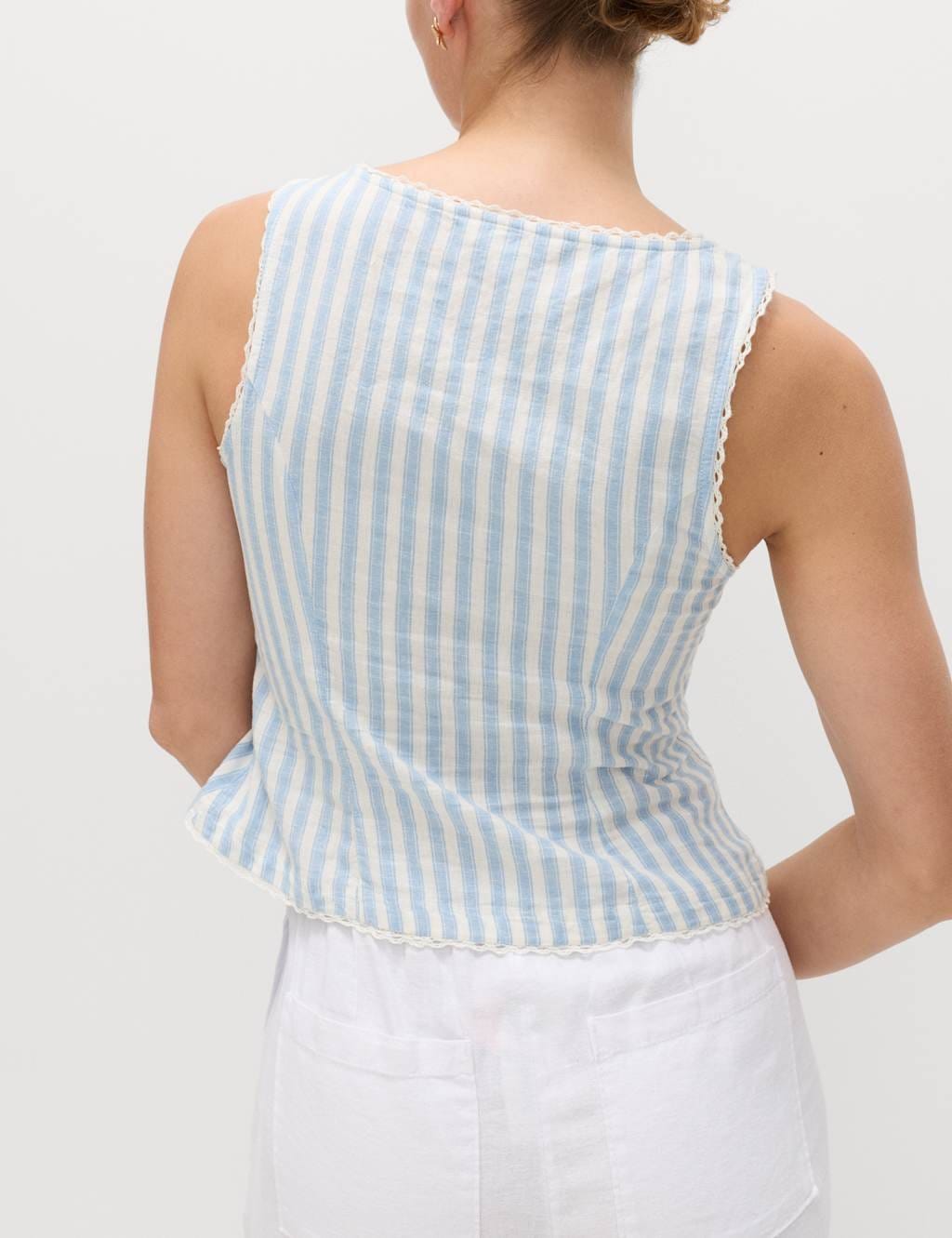 Marks & Spencer M&S Linen Rich Lace Insert Top Blue Mix - 3