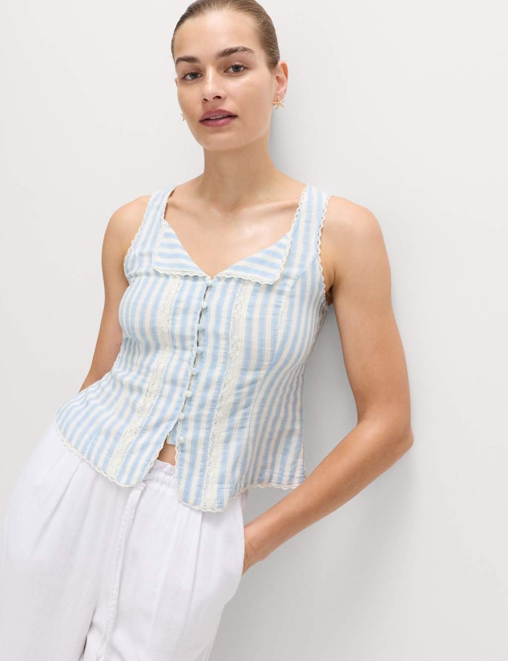 Marks & Spencer M&S Linen Rich Lace Insert Top Blue Mix - 4