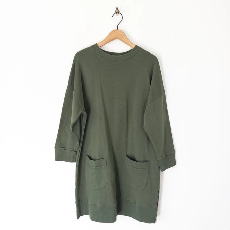 John Lewis KIN John Lewis Sweatshirt Dress Size M 12 14 Khaki Green Pocket Front Zip Sides