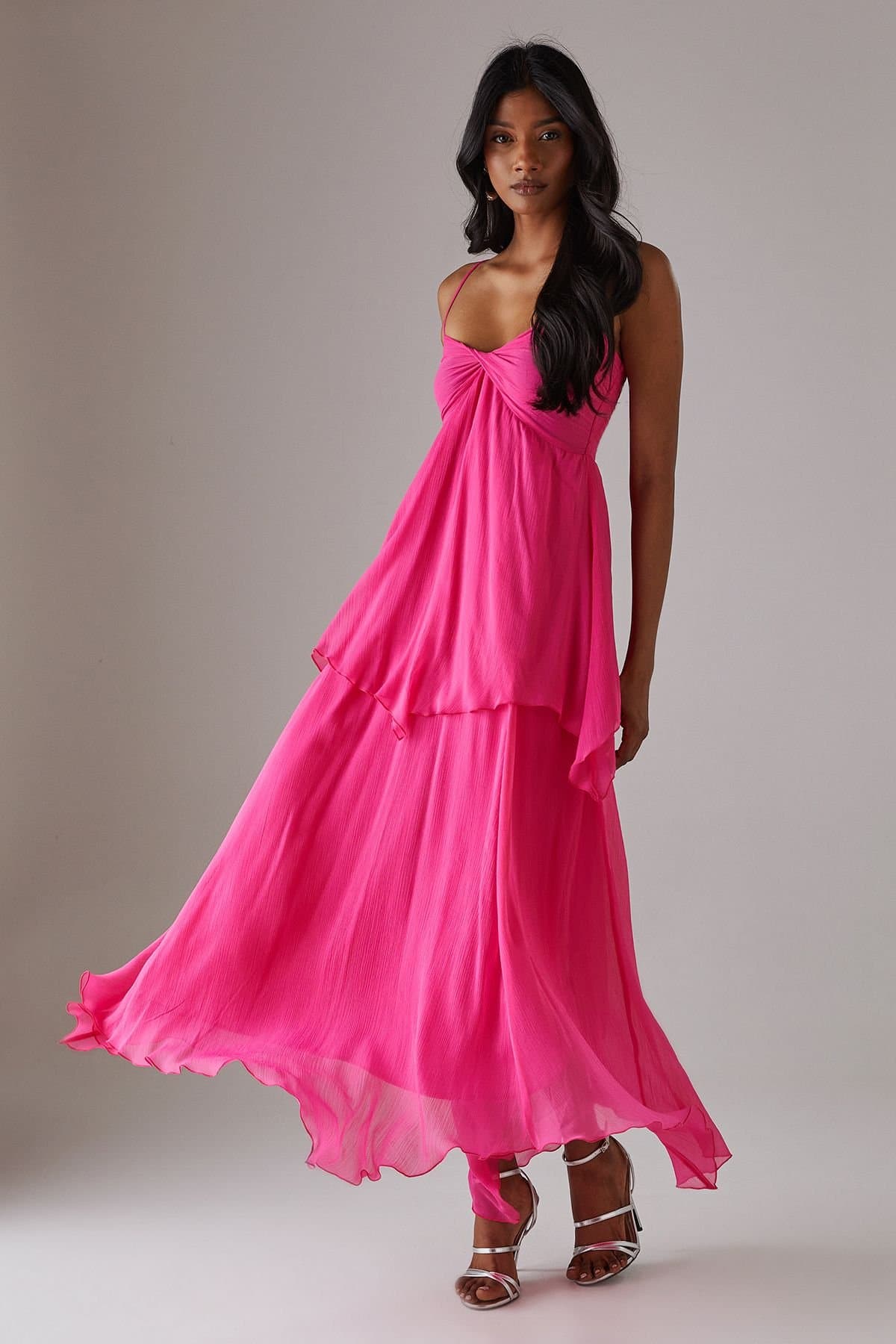 Warehouse Warehouse Women's Chiffon Asymmetric Double Layer Bandeau Maxi Dress in Bright Pink