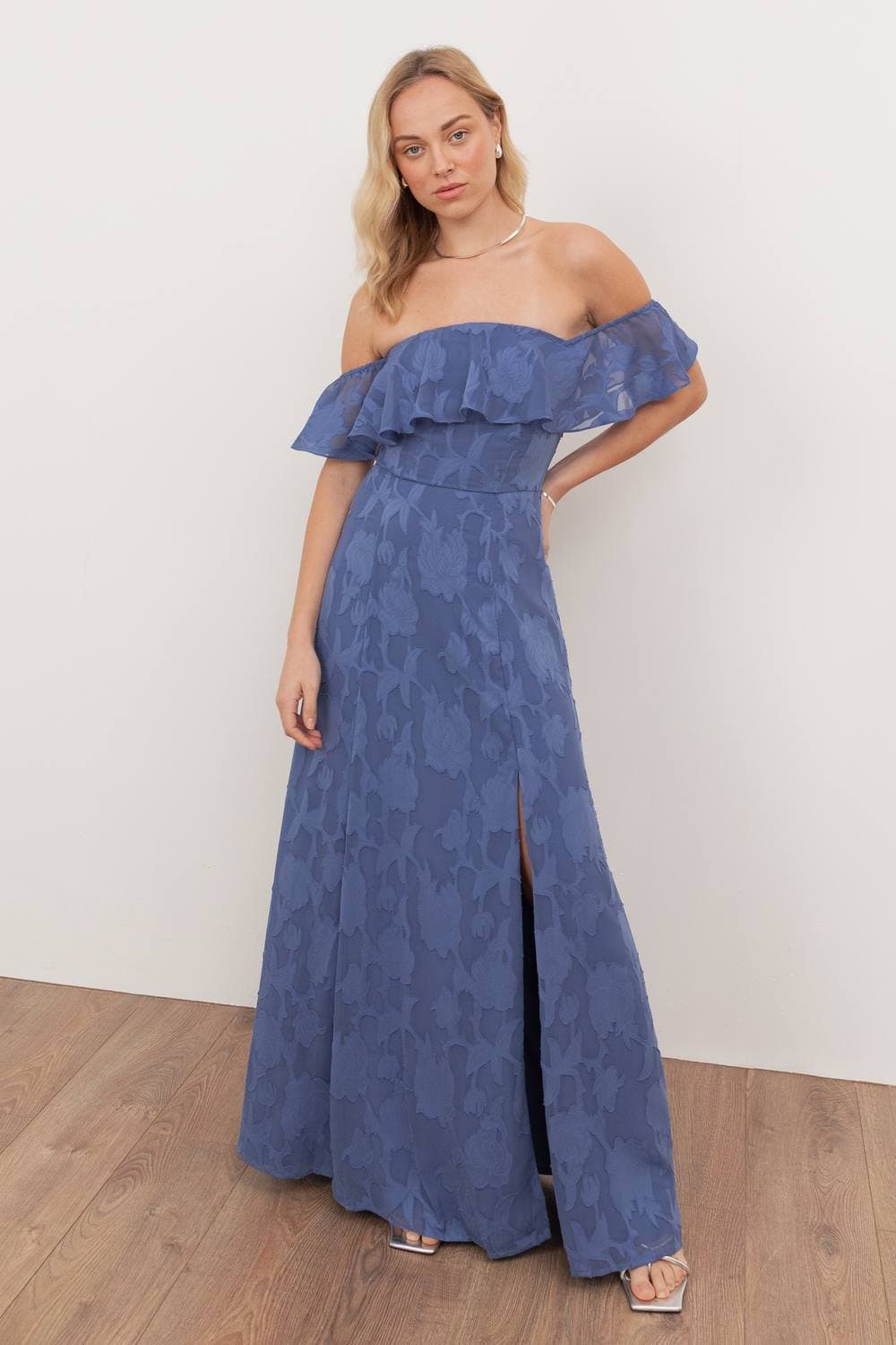 Anaya with Love Anaya with Love Women's Floral Burnout Bardot Maxi Dress in Blue