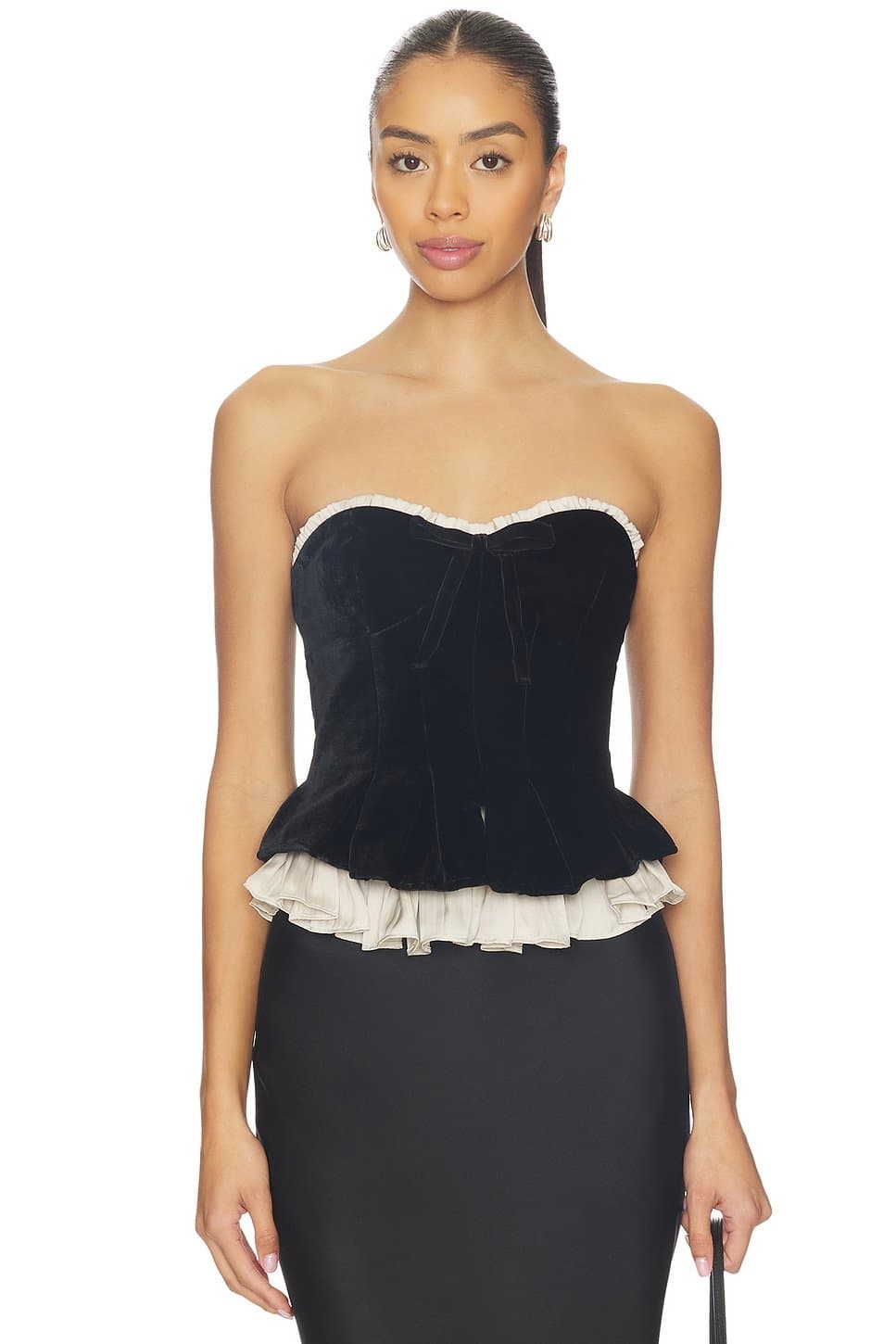 revolve Revolve Corset Top with Ruffled Hem in Black and Champagne