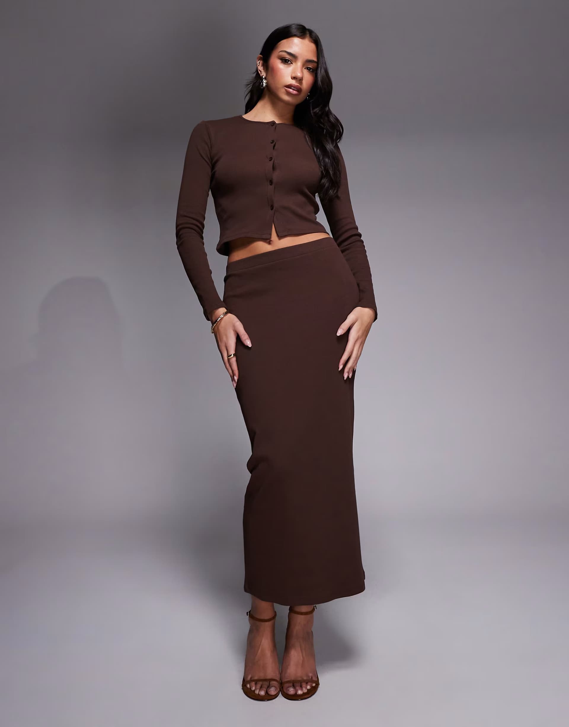 ASOS The Frolic exclusive ribbed button through long sleeve top and skirt co-ord in chocolate
