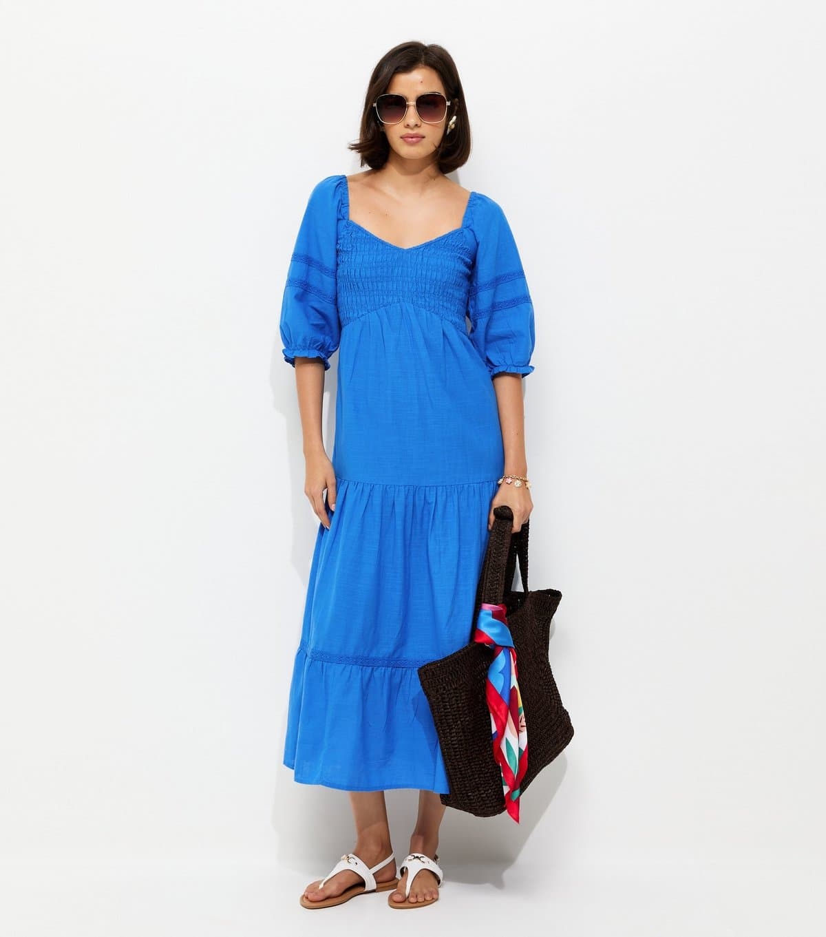 New Look Women's Bright Blue Shirred Milkmaid Midi Dress New Look
