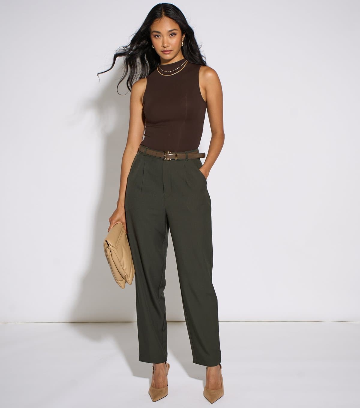 Gini London Women's Dark Green Tapered Leg Belted Trousers Gini London New Look