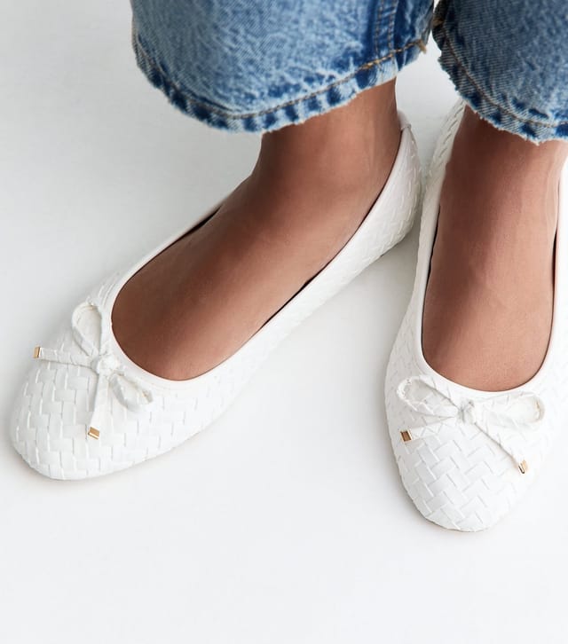 New Look Women's Wide Fit White Faux Leather Woven Ballet Pumps Vegan New Look - 2