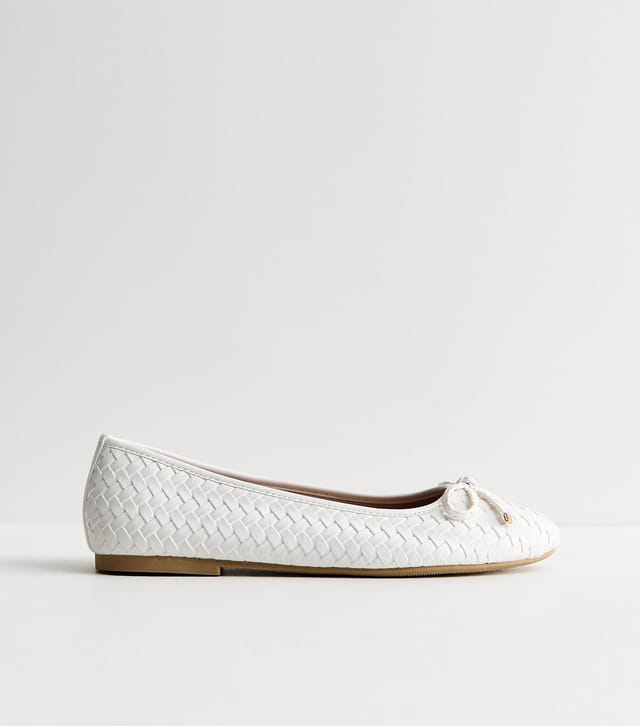 New Look Women's Wide Fit White Faux Leather Woven Ballet Pumps Vegan New Look - 3