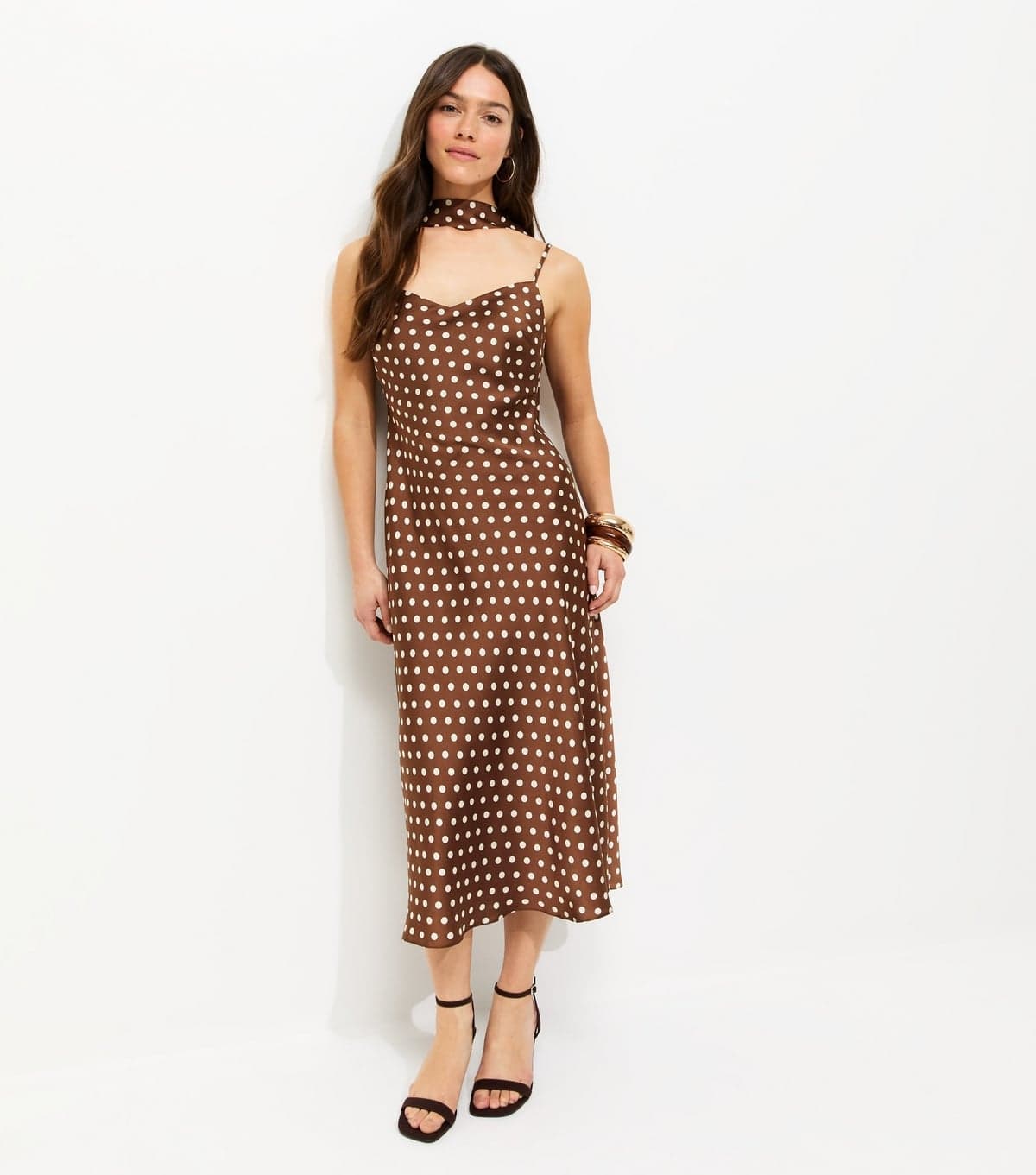 New Look Women's Petite Brown Polka Dot Scarf Trim Satin Midi Dress New Look