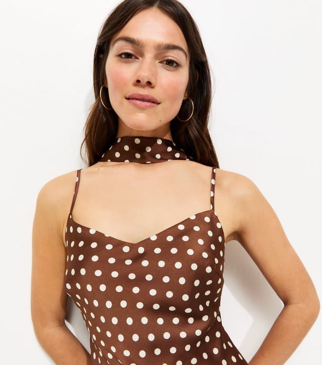 New Look Women's Petite Brown Polka Dot Scarf Trim Satin Midi Dress New Look - 2