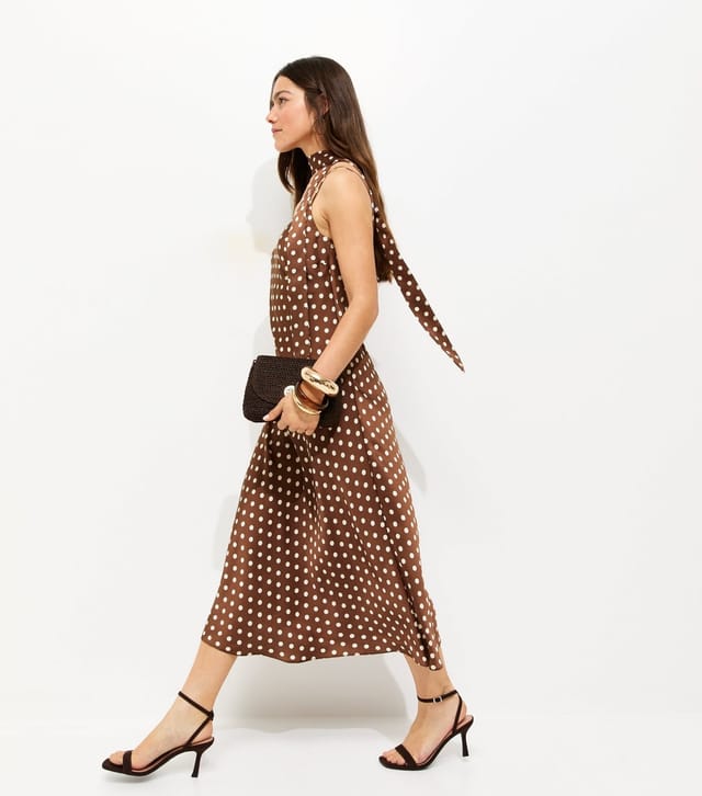 New Look Women's Petite Brown Polka Dot Scarf Trim Satin Midi Dress New Look - 3